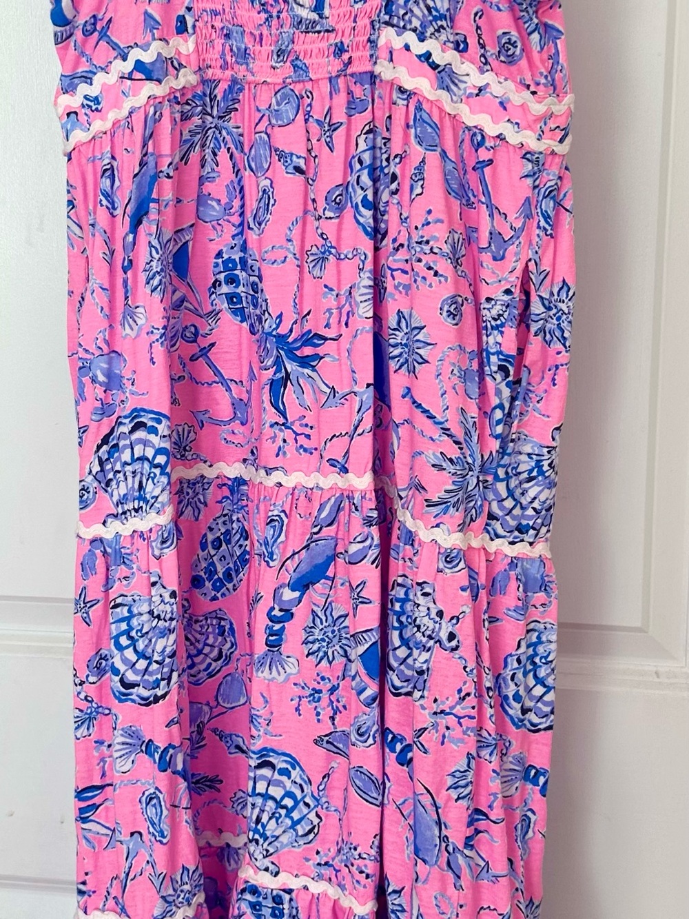 Lilly Pulitzer Girls XL 12-14 Pink Blue Nautical Shell Tiered Maxi Sundress